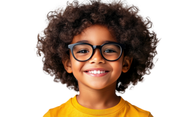 Smiling young child with curly hair wearing glasses, bright yellow shirt, joyful expression, isolated on white background, cheerful and engaging look