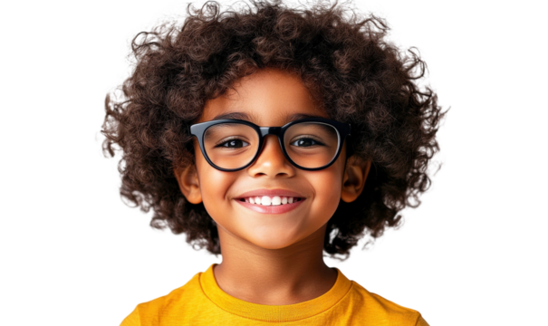 Smiling young child with curly hair wearing glasses, bright yellow shirt, joyful expression, isolated on white background, cheerful and engaging look