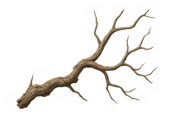 Photorealistic dry tree branch render, isolated on transparent background, ideal for digital composing and graphic design work