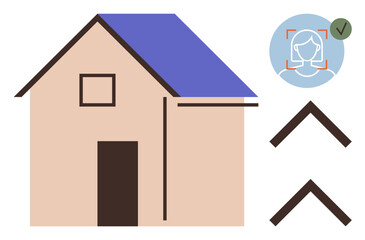 House with blue roof, facial recognition icon, and directional arrows. Ideal for smart home, security, automation, home technology, privacy innovation and convenience. Minimalist flat metaphor