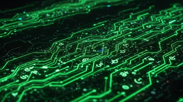 Close-up view of intricate green circuit board design with glowing lines