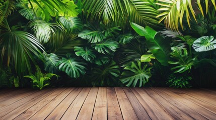 Lush tropical foliage backdrop on a wooden floor