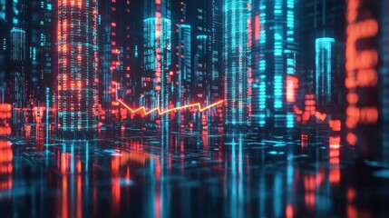 Futuristic cityscape with declining market trend