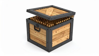 Wooden box filled with ammunition, placed on a white background, showcasing military supplies