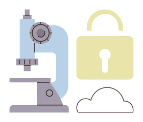 Microscope beside padlock and cloud symbolizing data security in research. Ideal for science, cybersecurity, cloud storage, privacy, research innovation, technology, and protection. A simple flat