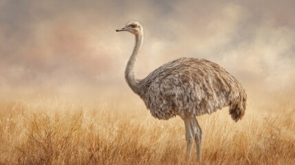 A Graceful Ose Bird Standing Majestically in a Lush Field of Tall Green Grass Under a Clear Blue Sky Capturing the Essence of Natural Beauty