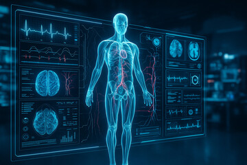 AI generated sci fi medical visualization showing a glowing transparent human body surrounded by biometric data holograms in a high tech diagnostic lab