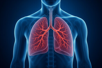AI generated high resolution anatomical rendering of the human respiratory system in translucent blue style showcasing lungs trachea bronchi and spine suitable for medical science and educational use