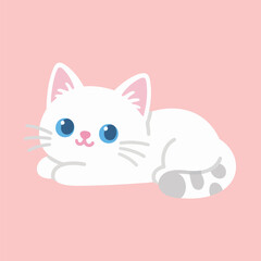 Cute White Kitten Lying Down with Blue Eyes on Pink Background