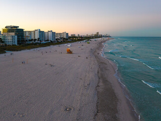 Miami Beach on blue sky. Skyline aerial view. Miami city. Tropical Miami scene. Miami district sky...