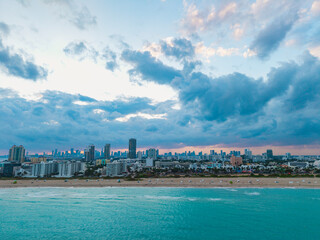 Naklejka premium Aerial view of Miami Beach city by the coast. Miami Beach skyline. Scenic Miami Beach panorama famous coastline.