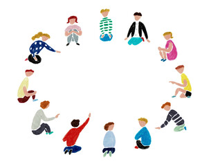 手描きイラスト　こども会議　輪になって話し合う子供たち