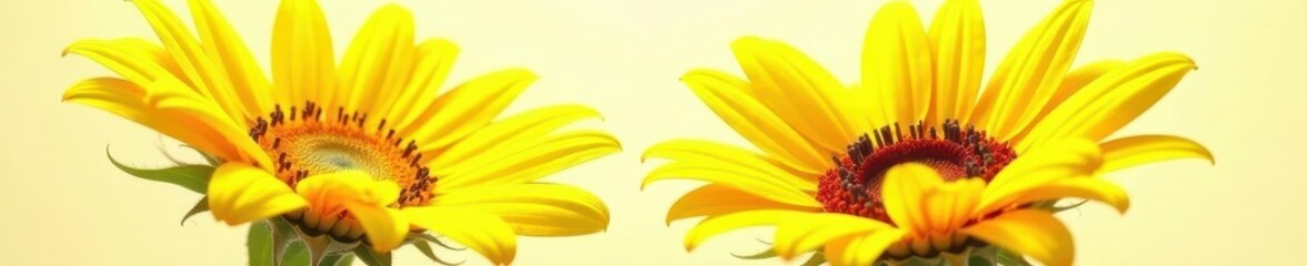 Two vibrant sunflowers, isolated, facing different directions, summer, detail