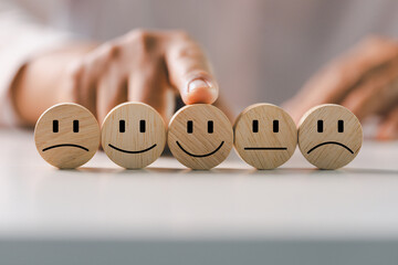 Customer showing rating with happy icon, Customer satisfaction survey concept, Positive feedback...
