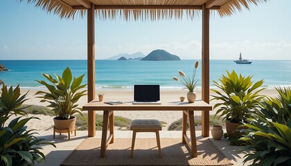 Digital nomads lifestyle, remote working  on open terrace hut-style cafe on the tropic island exotic beach. 