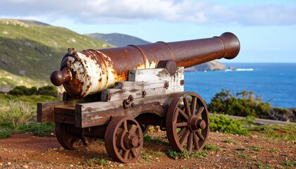 Historic cannon on a coastal landscape with ocean view, evoking a sense of history and exploration