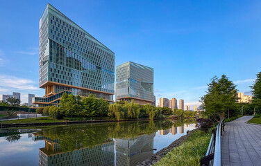 Modern architecture by the river in the city