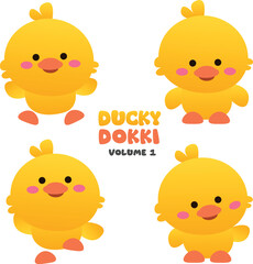 An adorable set of four round, yellow cartoon ducks, each with a sweet expression. Perfect for children's designs, spring themes, and cute animal illustrations.
