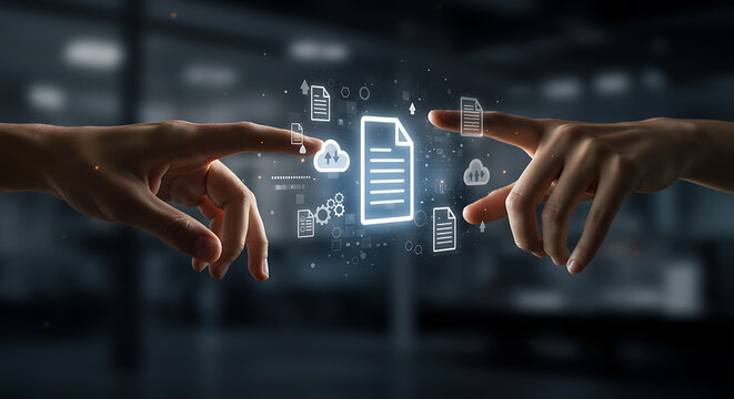 Data Synchronization: Hands reach towards digital documents, embodying the concept of effortless information exchange in the world of modern technology and data security.