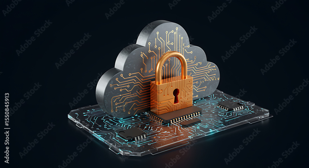 Poster cloud data security: an intricate network of microchips converges with a gleaming padlock securing a