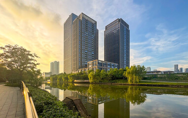 Modern architecture by the river in the city