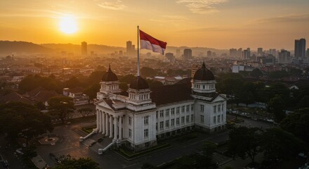 Sunrise over Gedung Sate, Bandung Indonesia: A Majestic View of Iconic Architecture and Cityscape at Dawn