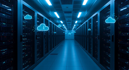 Data Haven's Digital Landscape: A state-of-the-art data center, illuminated by cool blue hues, showcases a vast network of servers. A visual representation of the cloud ecosystem floats overhead.