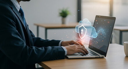 Securing the Cloud: A focused professional navigates the digital landscape, seamlessly working on a laptop with an overlaid cloud-based security visual.