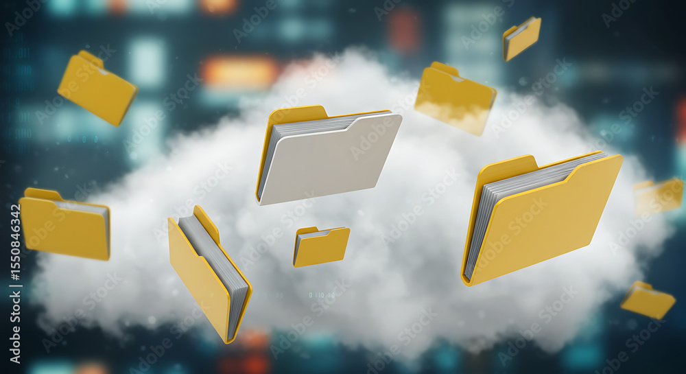 Poster cloud data navigation: a digital depiction of floating file folders against the backdrop of a cloud 