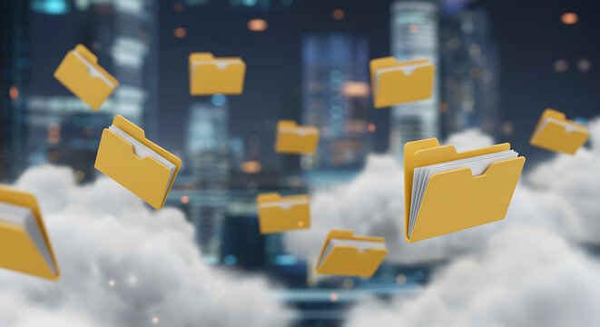 Cloud Data: Floating folders soar amidst a digital dreamscape of soft clouds and a distant cityscape, embodying the essence of cloud computing. - Powered by Adobe