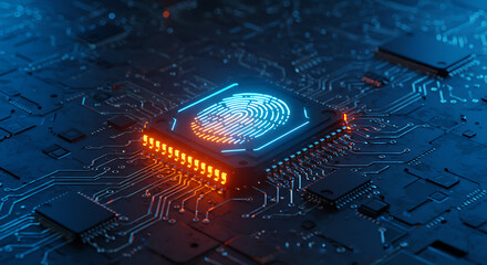 Digital Fingerprint Security: High-tech circuit board with a glowing fingerprint symbol, representing cutting-edge data security.