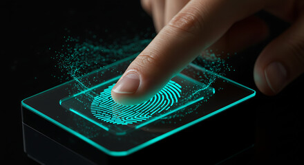 Digital Fingerprint Scan: A person's fingertip interacts with an illuminated fingerprint scanner, creating a striking visual representation of biometric data and technological innovation.