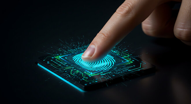 Fingerprint Recognition: A futuristic, close-up shot of a finger touching a glowing fingerprint sensor, representing cutting-edge security and digital authentication.