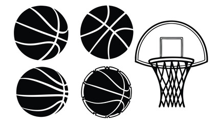 Obraz premium Vector illustrations of basketballs and a basketball hoop in a clean black and white design