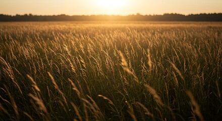 Obraz premium Golden Hour Meadow: Serene Grassland at Sunset