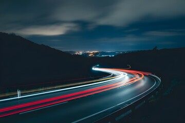 highway at night with long exposure light trails of red and white from vehicles, surrounded by a forested landscape under a deep blue sky with streaking clouds.