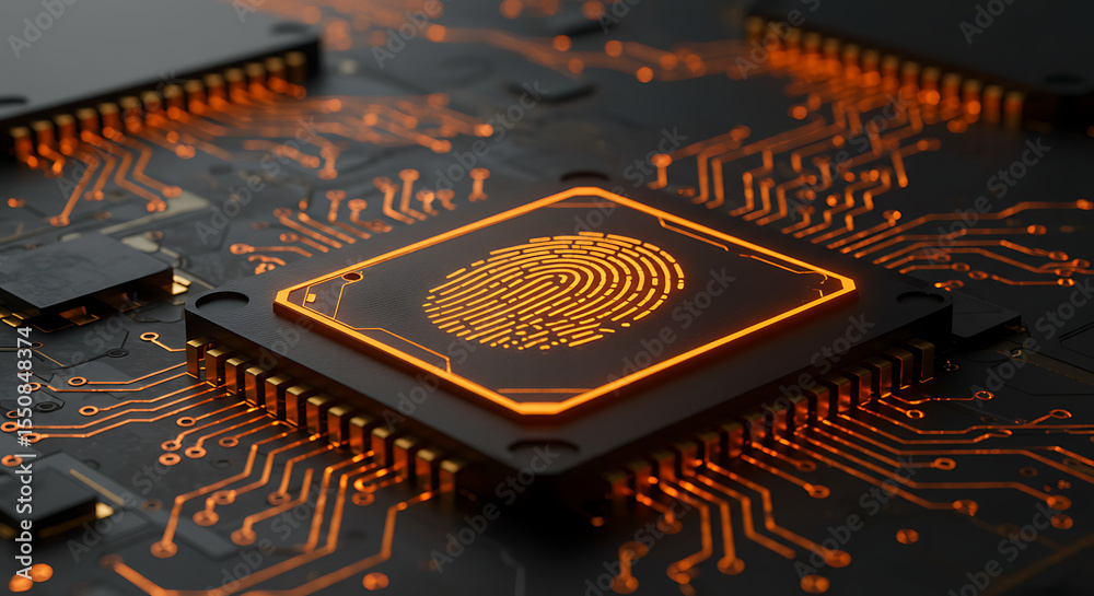 Poster cyber security: golden fingerprint security system on circuit board and processor represents secure 