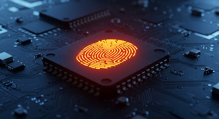 Digital Security Sentinel: A close-up image showcases a microchip at the core of digital security, featuring an illuminated fingerprint.