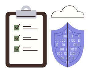 Checklist with marked items, purple shield with binary code, and cloud. Ideal for data security, privacy, IT processes, compliance, cloud safety, digital integrity simple flat metaphor