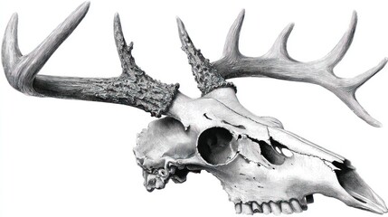 Detailed grayscale drawing of a deer skull with antlers
