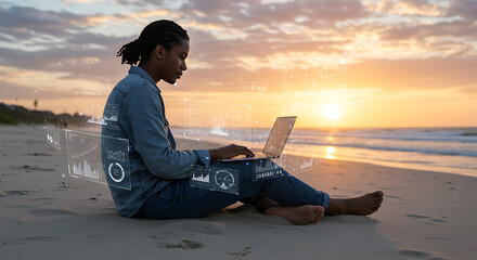 Digital Nomad on the Coast: A woman, engrossed in her laptop, sits on a sandy beach as the sun dips toward the horizon, merging work and leisure in a perfect coastal paradise.