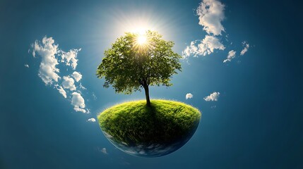 Green Tree on Floating Island with Sun Rays and Clouds in Bright Blue Sky