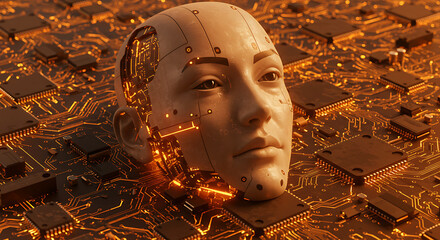 Technological Sentinel: A futuristic humanoid figure, crafted with intricate circuits and a contemplative expression, set against a mesmerizing field of interconnected technology and circuit boards.