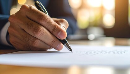 Close-up of a person's hand writing with a pen on a document.