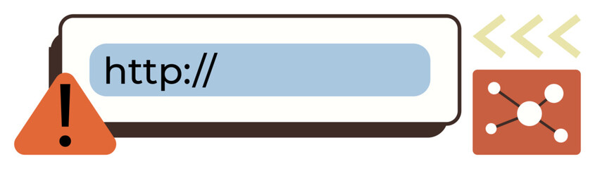 Obraz premium URL bar with highlighted link, triangle warning alert, arrows, and network symbol. Ideal for cybersecurity, online warnings, broken links, web safety, phishing alerts system error simple flat