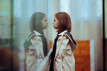 Happy Little Girl Looking in a Museum Exhibit Window. Curious kid visiting a wonderful exhibition...