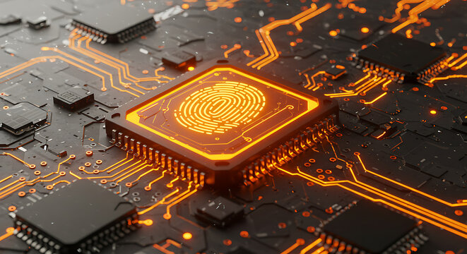 Advanced Digital Processor: A close-up of a sophisticated processor featuring intricate circuitry and a glowing fingerprint icon, representing advanced technological innovation and digital security.