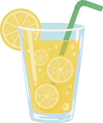 Lemonade in a glass with slices of lemon and a straw