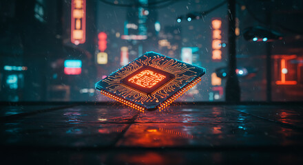 Digital Chip in Cyberpunk City: An illuminated digital chip floats against the backdrop of a futuristic cyberpunk city, exuding a high-tech, modern aesthetic.