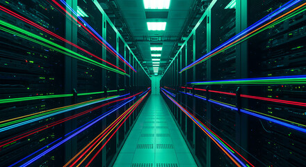 Data Center's Digital Stream: A vibrant display of data flow streaks through a high-tech data center, evoking a sense of rapid information transfer and technological advancement.